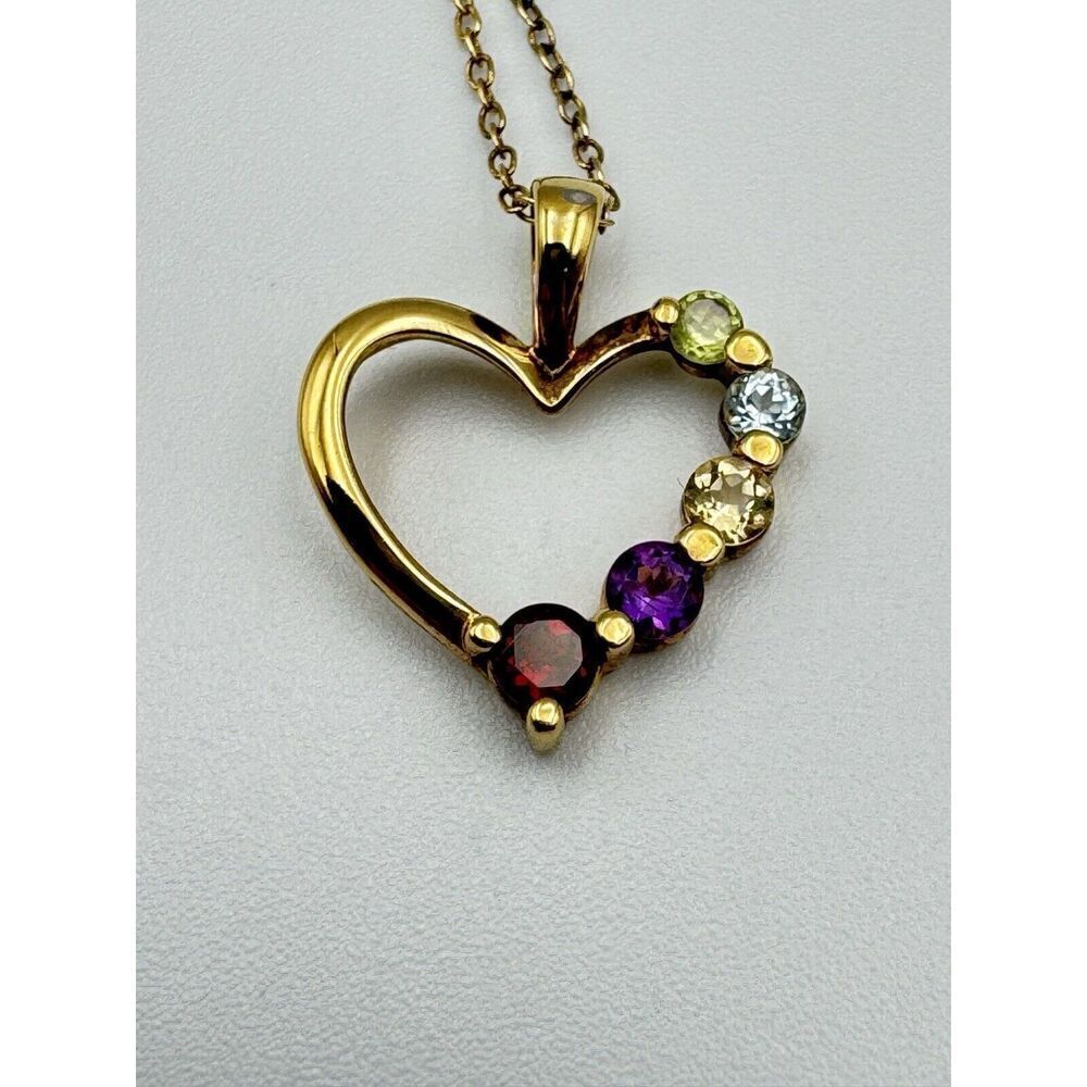 Vermeil 925 Sterling‎ Silver Heart Pendant 5 Prong Set Natural Stone 18” Chain - Picture 2 of 7